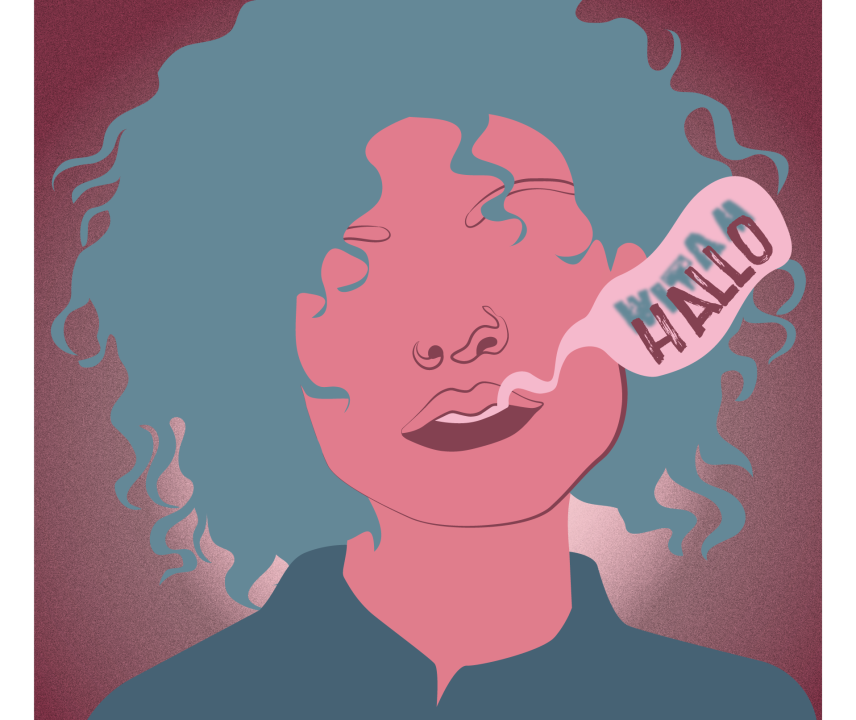 Illustration eines Frauengesichts mit Sprechblase, in der zweisprachig "Hallo" zu lesen ist